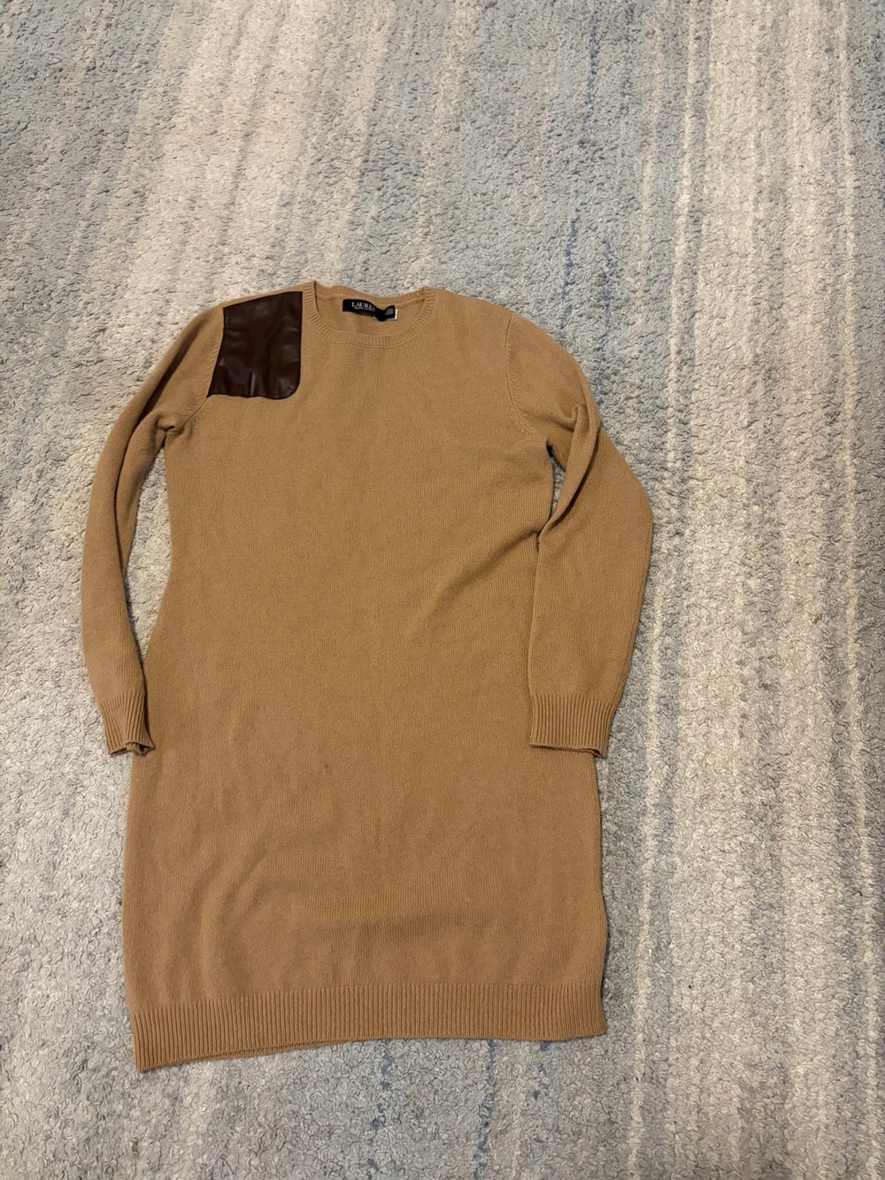 LAUREN RALPH LAUREN Wool Cashmere Sweater Dress L Camel Tan Leather Patch Crew